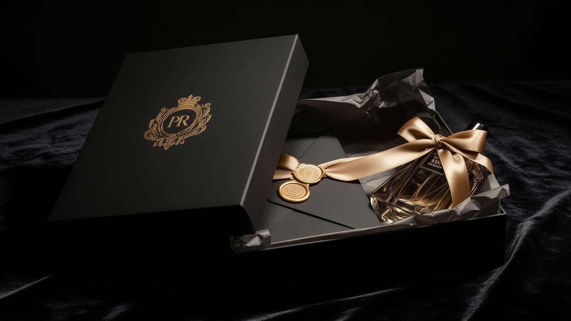 A bespoke PR kit — matte black box with gold-foil crest, wax seals, hand-tied champagne ribbon, and a signature object on dark velvet.