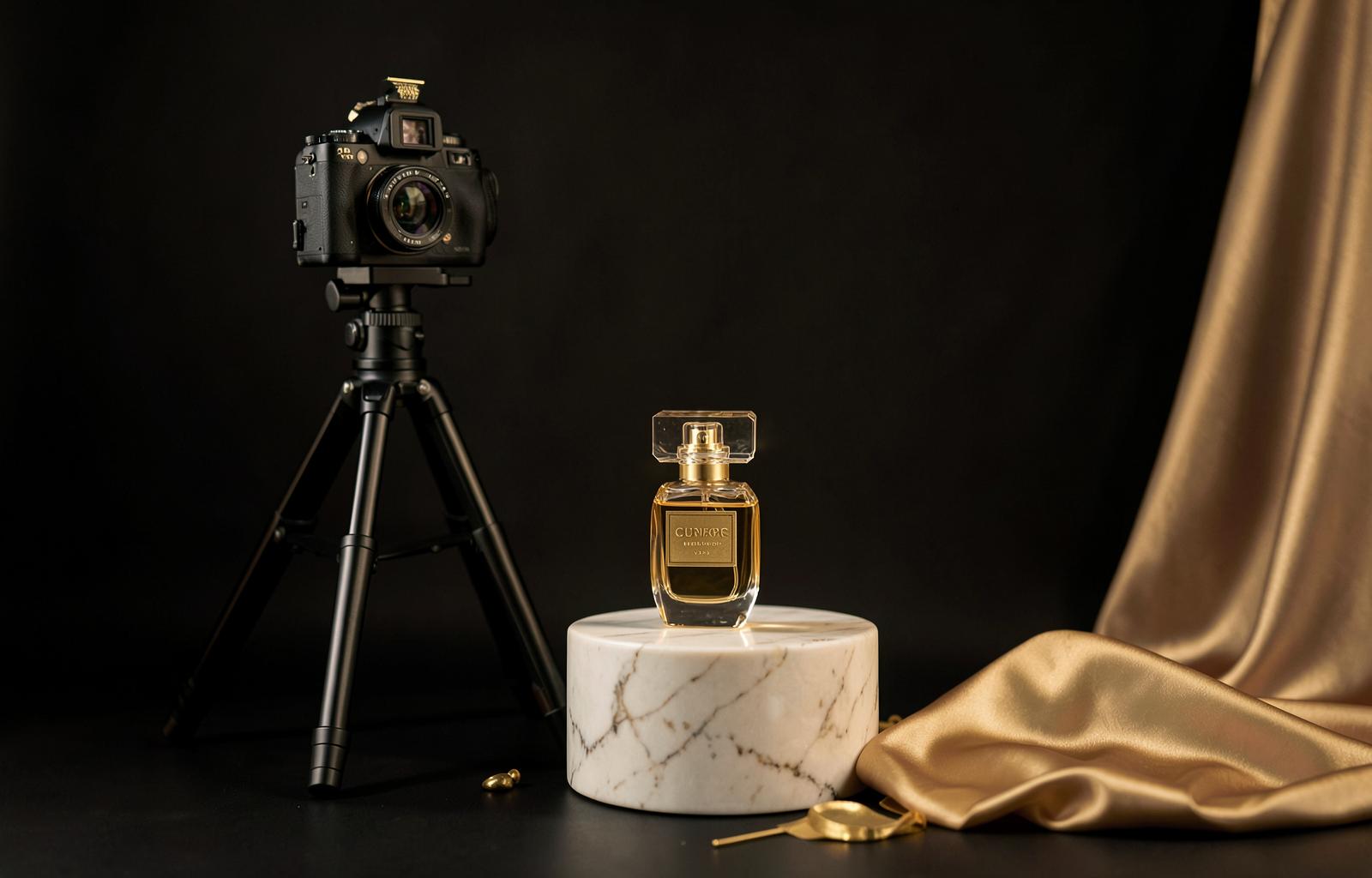 A luxury production set with soft gold lighting, camera, and styled product on marble.
